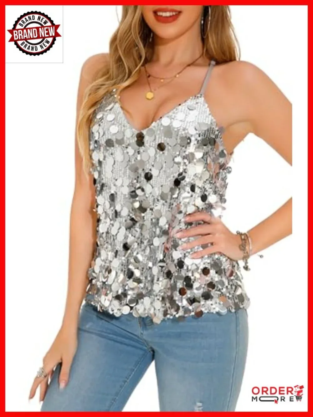 Sequin Strappy Tank Top Scallop Hem Night Out Party Top